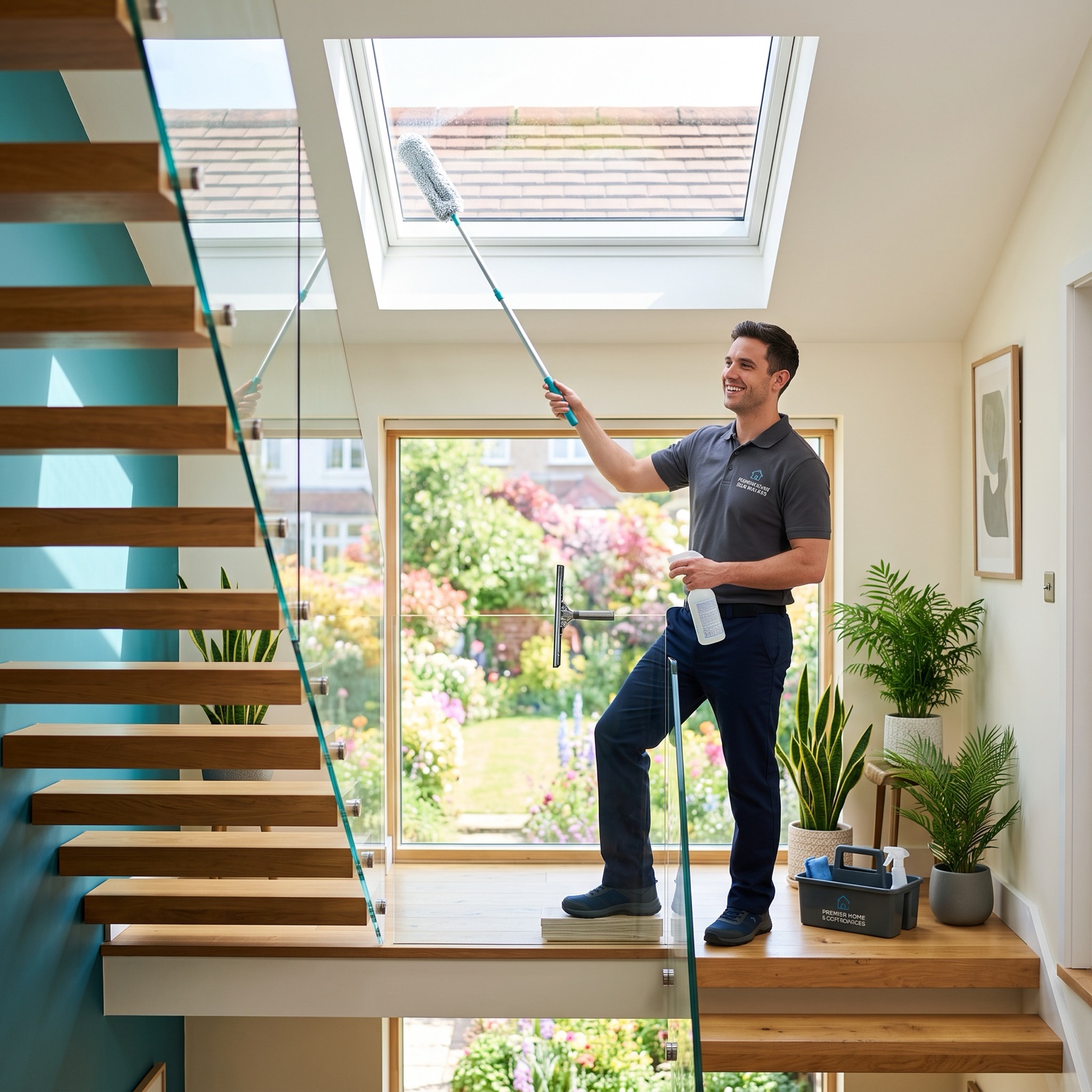 Cleaner dusting a skylight above a stairwell