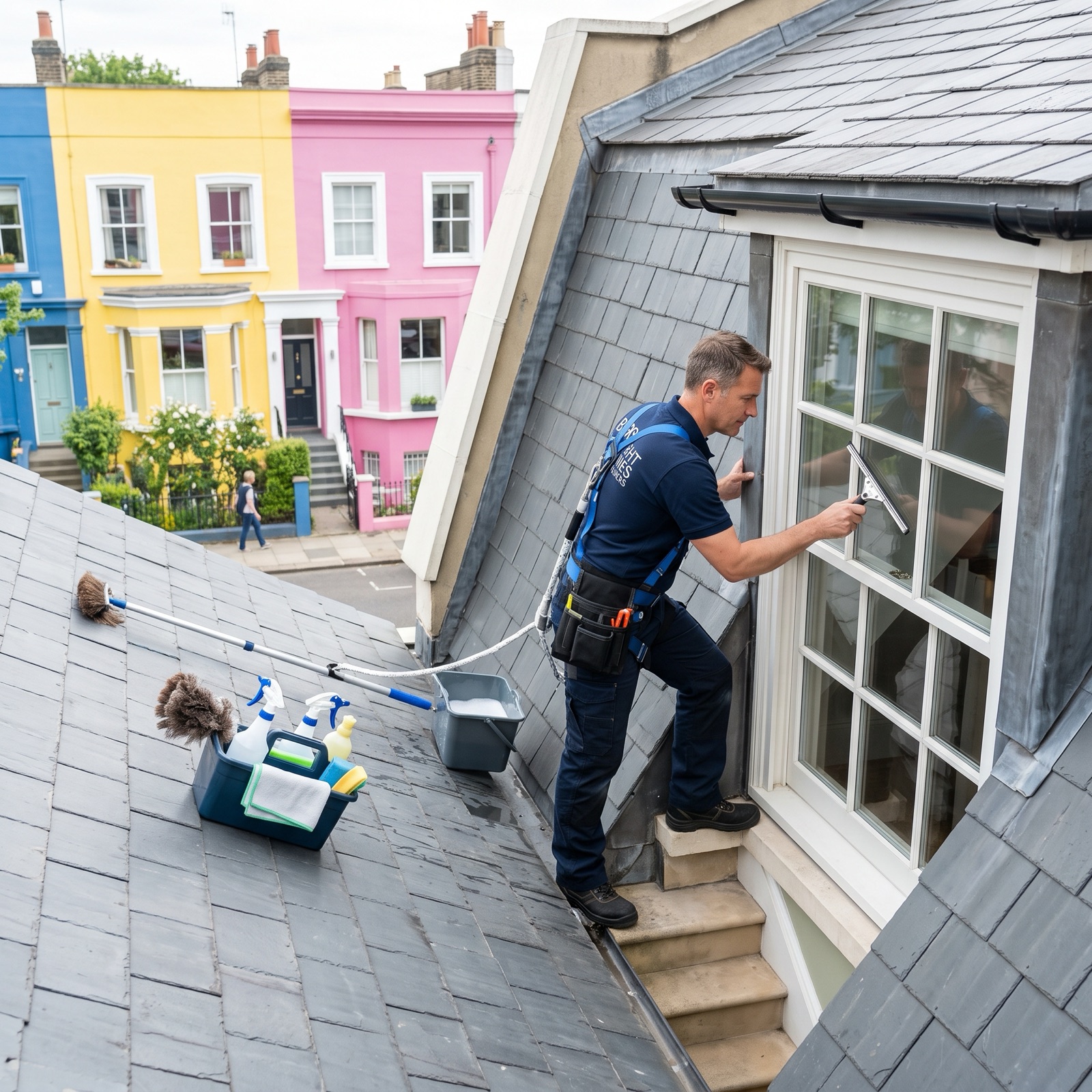Window cleaning at a dormer window